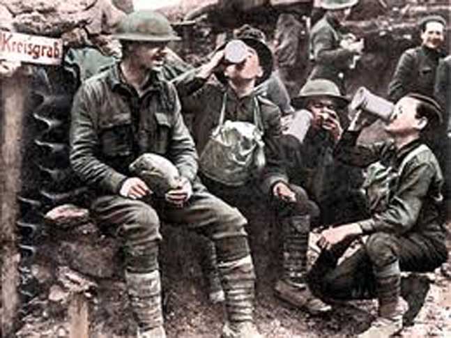 soldiers drinking in Trench WW I